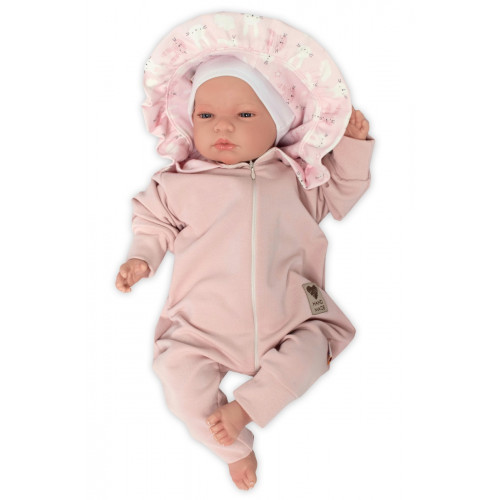 Baby Nellys Teplákový overal s kapucňou a volánikom, New Bunny - púdrová, veľ. 86