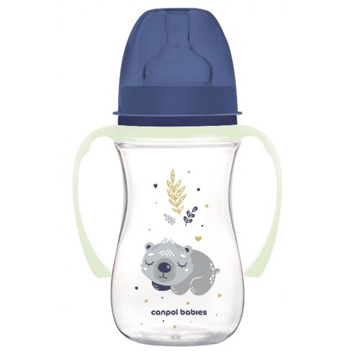 Antikolik. fľaštička so širokým hrdlom a svietiacimi úchytmi, Sleepy Koala, 240 ml - modrá