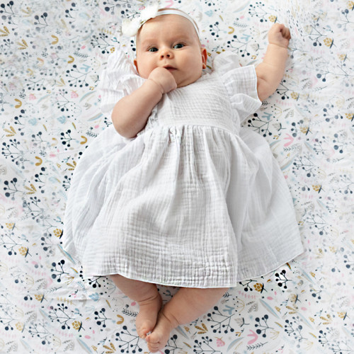 Baby Nellys 2-dielna sada mušelínove šatočky + čelenka, biela, veľ. 86