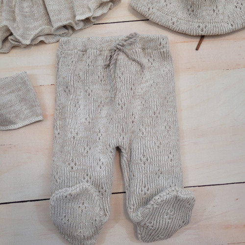 Pletená ažurková sada 4D, tunika, polodupačky, čiapočka + čelenka, oriešková, veľ. 62