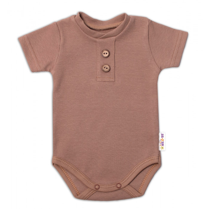 Baby Nellys Dojčenské rebrované body s gombíkmi kr. rukáv, Boy - hnedé, veľ. 68