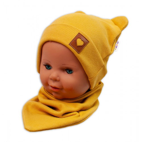 Baby Nellys Rebrovaná dvojvrstvová čiapka s uškami + šatka TEDDY - horčicová, 68/74