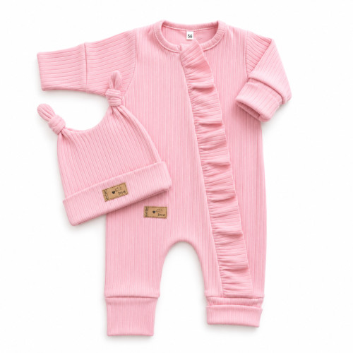 Detská súprava Nature Girl – rebrovaný overal s čiapočkou, 2D, bavlna, baby pink, 68