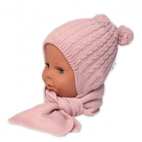 Zimní čepice na zavazování s bambulky + šál, Baby Nellys - púdrovo ružová
