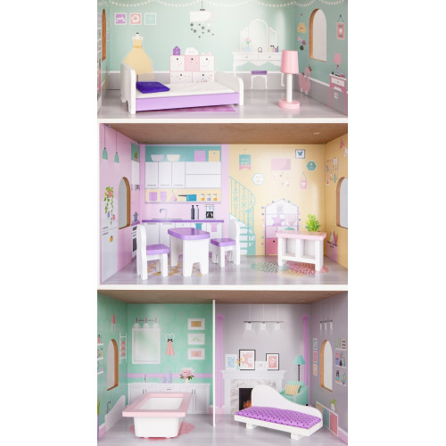 Drevený domček pre bábiky s nábytkom, vysoká rezidencia Jagodowa