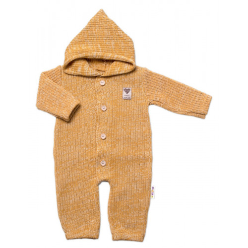 Baby Nellys Pletený overálok s kapucňou a gombíkmi Hand Made, medový žihaný, veľ. 80/86