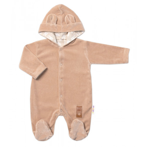 Baby Nellys Dvojvrstvový velúrový overal s kapucňou New Bunny, hnedý, veľ. 74