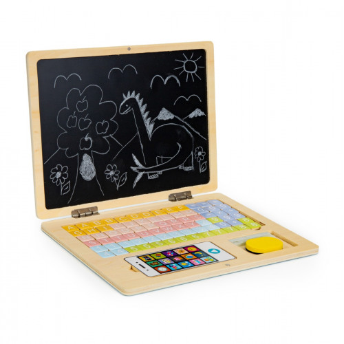 Detská magnetická edukačná tabuľa laptop písmenká a čísla. modrá