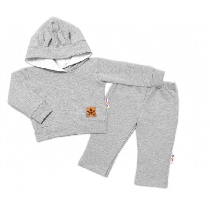 BABY NELLYS Detská tepláková súprava s kapucňou a uškami, sivá