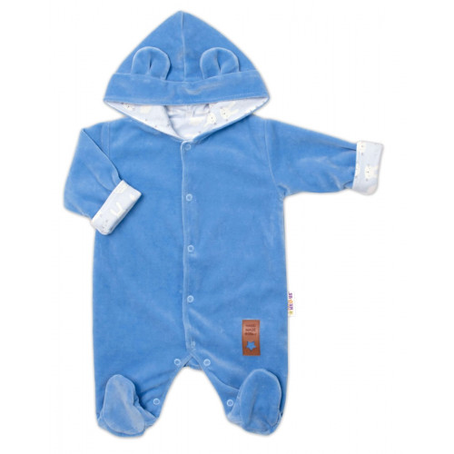 Baby Nellys Dvojvrstvový velúrový overal s kapucňou New Bunny, modrý, veľ. 74
