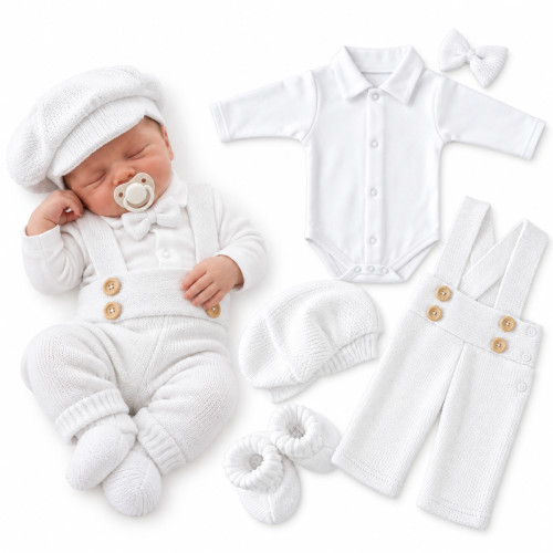 Z&Z 5-dielna pletená sada Boy, body, nohavice, čiapočka motýlik, topánočky, biela