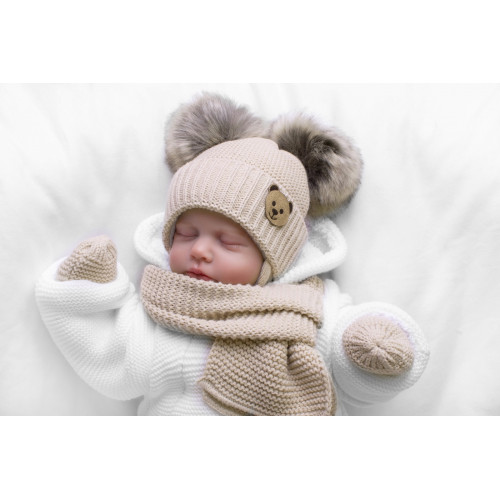 Detská sada, zimná čiapka so šálom + rukavičky 3D, Teddy Bear - béžová