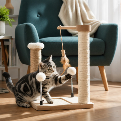Škrabadlo pre mačky Cat Tree 40 cm – MDF, sisal, juta, guličky na pružinách a šnúrkach