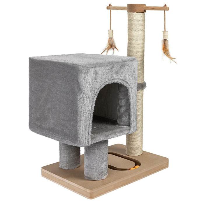 Škrabadlo pre mačky Cat Tree 64 cm s úkryt – MDF, sisal, plyš, svetlosivá