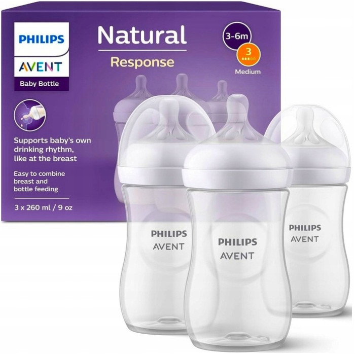 Detské fľaše Avent Natural Response antikolik 260 ml, 3 ks