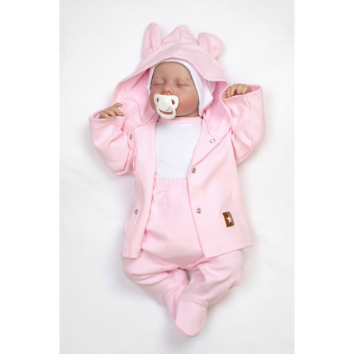 Rebrovaná sada, Star 5D, body, polodupačky, kabátik, čiapka, rukavice - rúžová, biela,68