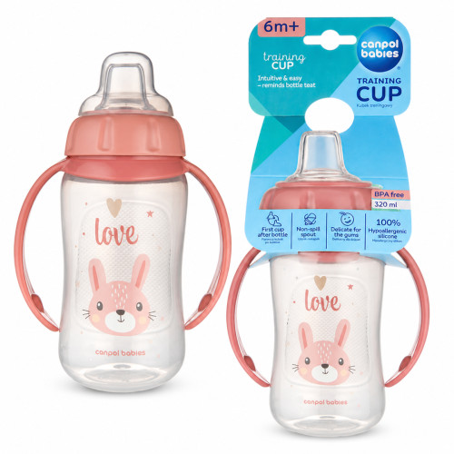 Tréninkový hrnek s měkkým silikonovým pítkem 320 ml, netekoucí, pink