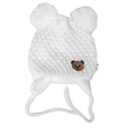 Zimná pletená čiapka Teddy Bear na zaväzovanie, biela, smotana, 68/80, (6-12m)