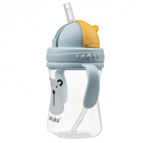 Fľaštička/hrnček s úchytmi a slamkou Medveď Akuku 300 ml, sivá/žltá