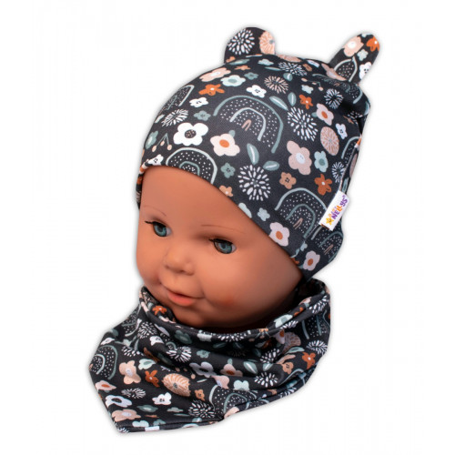 Baby Nellys Dvojvrstvová čiapka s uškami + šatka Palouček, grafit, vel. 80/92