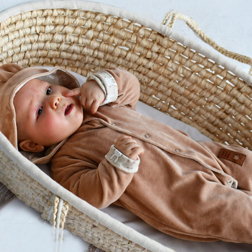 Baby Nellys Dvojvrstvový velúrový overal s kapucňou New Bunny, hnedý, veľ. 86
