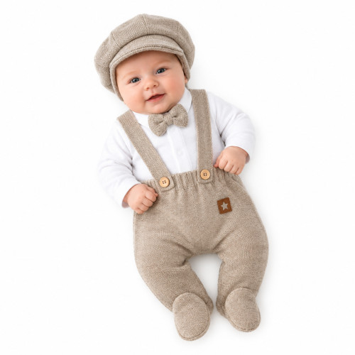 Pletená súprava Gentleman 3D, body, polodupačky s laclom, čiapočka, béžová, 56