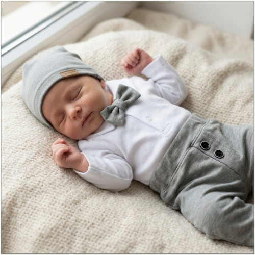 Z&Z 4-dielna sada Elegant Boy, body, nohavice, motýlik a čiapky, sivá/biela, veľ.74