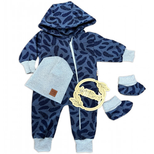 Rastúci teplákový overal pre bábätko, čiapky, topánky, 3D, Nature - jeans pierka, 80/86