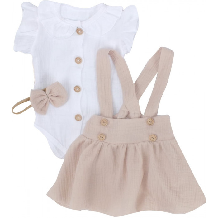 Mušelínová suknička s lacnom, bodýčko a čelenka, 3D sada, biela/béžová