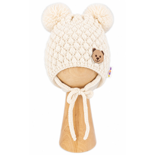 Zimná pletená čiapka Teddy Bear na zaväzovanie, ecru