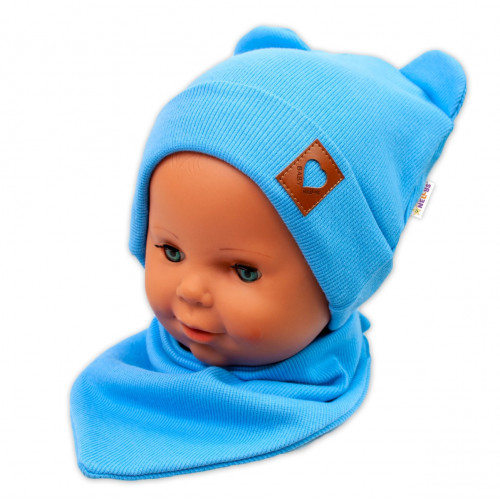 Baby Nellys Rebrovaná dvojvrstvová čiapka s uškami + šatka TEDDY - modrá, 80/86
