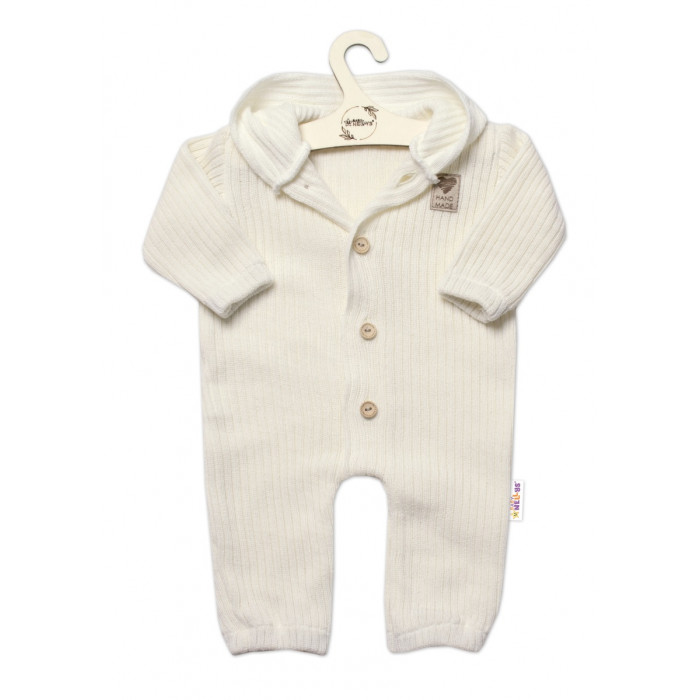 Baby Nellys Pletený overálok s kapucňou a gombíkmi Hand Made, ecru