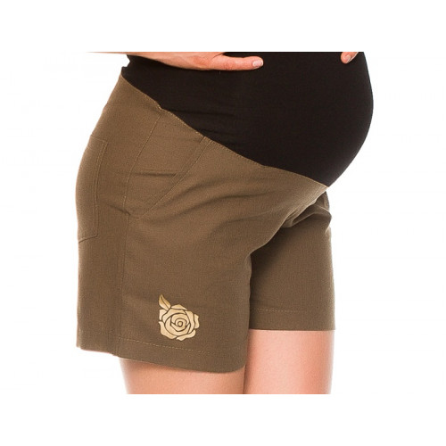 Be MaaMaa Tehotenské lnené kraťasy s růžičkou - khaki, vel´. M
