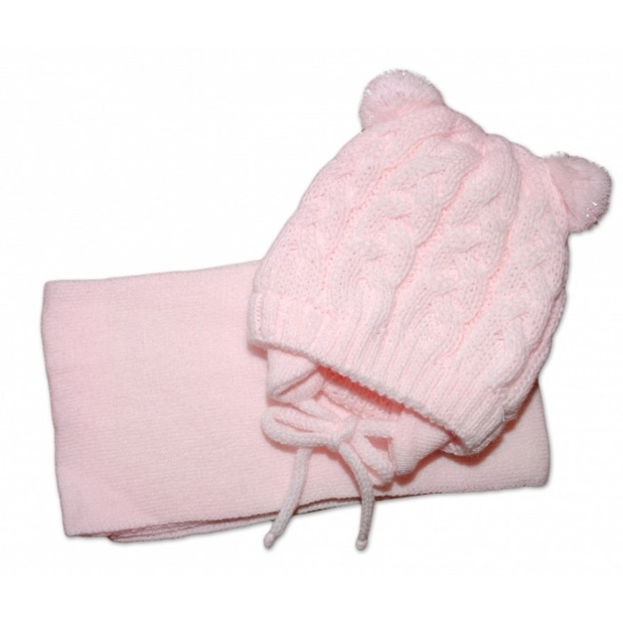 BABY NELLYS Zimná pletená čiapočka s šálom TEDDY s brmbolcami - sv. ružová, vel. 62/68 BABY NELLYS Zimná pletená čiapočka s šálom TEDDY s brmbolcami - sv. ružová, vel. 62/68