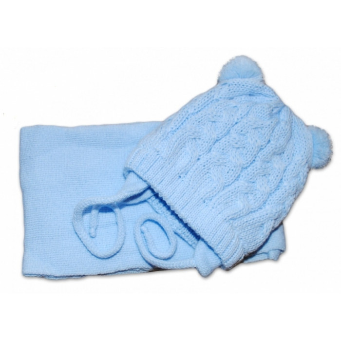 BABY NELLYS Zimná pletená čiapočka s šálom TEDDY - modrá s brmbolcami, vel. 62/68 BABY NELLYS Zimná pletená čiapočka s šálom TEDDY - modrá s brmbolcami, vel. 62/68