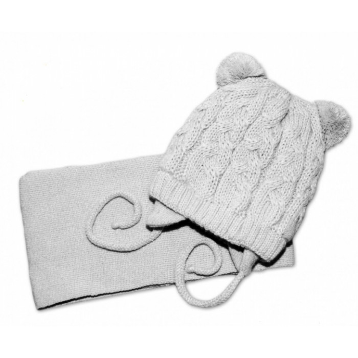 BABY NELLYS Zimná pletená čiapočka s šálom TEDDY - sivá s brmbolcami, vel. 62/68 BABY NELLYS Zimná pletená čiapočka s šálom TEDDY - sivá s brmbolcami, vel. 62/68