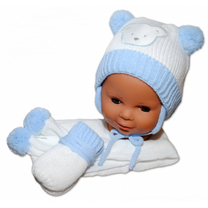 BABY NELLYS Sada - čiapočka, šál a rukavičky - Macko s bambulkami BABY NELLYS Sada - čiapočka, šál a rukavičky - Macko s bambulkami