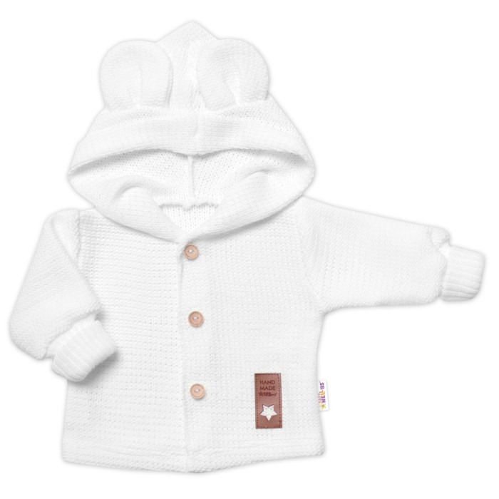 Elegantný pletený svetrík s gombíkmi a kapucňou s uškami Baby Nellys, biely, veľ. 62
