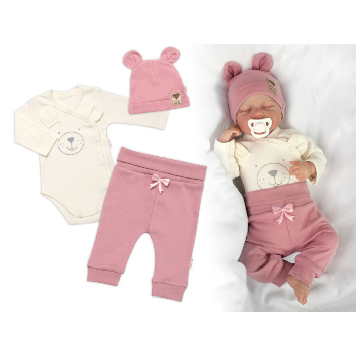 Zavinovacie body dl.rukáv, tepláčky a čiapočka Little Bear, Baby Nellys, púdrová, veľ. 68