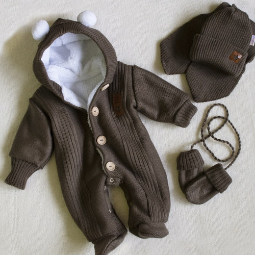 Baby Nellys Pletená kombinéza/overal LUX STAR s kožúškom - dvojvrstvová, hnědá, veľ. 74