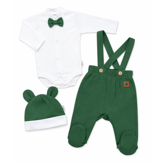 Bavlnená súprava Gentleman 3D, body, polodupačky s laclom, čiapočka, tm. zelená, 62