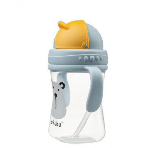 Fľaštička/hrnček s úchytmi a slamkou Medveď Akuku 300 ml, sivá/žltá