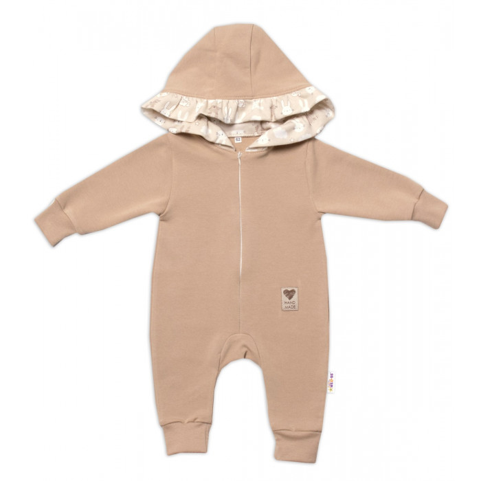 Baby Nellys Teplákový overal s kapucňou a volánikom, New Bunny - cappuccino, veľ. 74