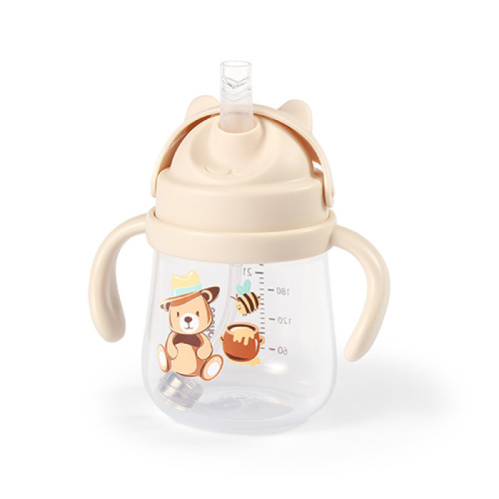 BabyOno Nevylievací hrnček so záťažovou slamkou, 240 ml, béžový, Medvedík