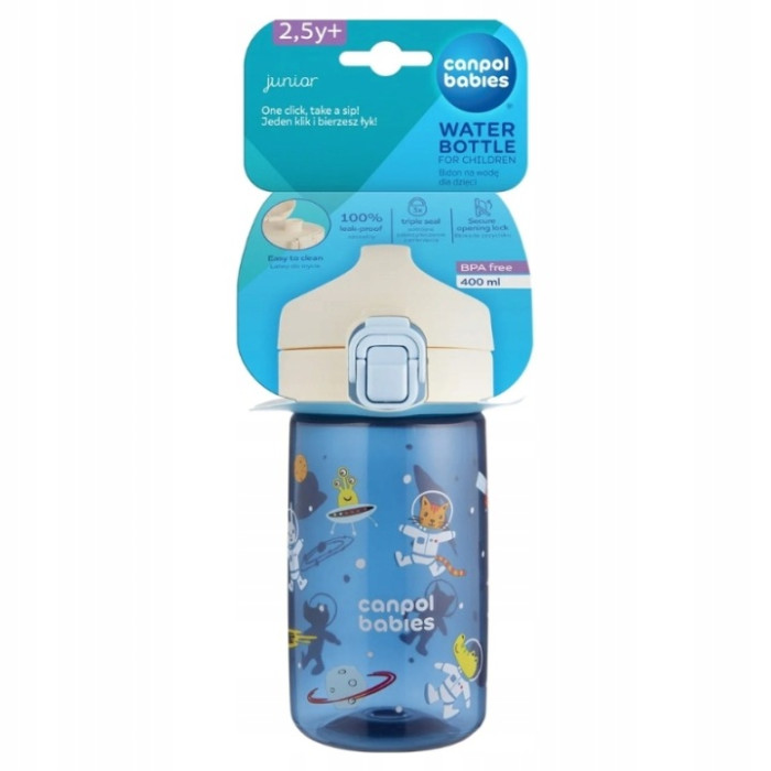 Junior fľaša na pitie 400 ml s pítkom 30m+ – detská fľaša, plastová, modrá