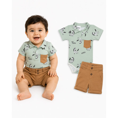 Baby Nellys 2-dielna sada body kr. rukáv, kraťasky, Zebra - mätová, hnedá, veľ. 62