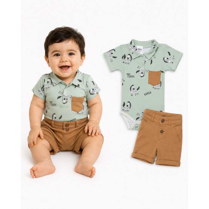Baby Nellys 2-dielna sada body kr. rukáv, kraťasky, Zebra - mätová, hnedá, veľ. 62