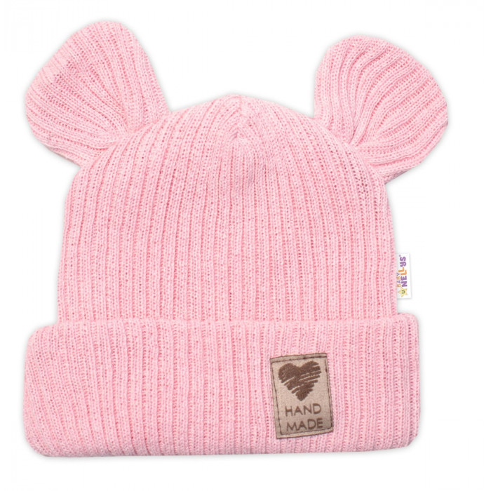 Pletená bavlněná čiapka s uškami, dvojvrstvová, Hand Made Baby Nellys, ružová, veľ. 68/74