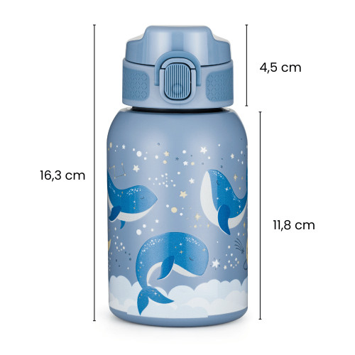 Detská termofľaša so slamkou 350 ml – nerezová termo fľaša pre deti, 12m+, modrá veleryba