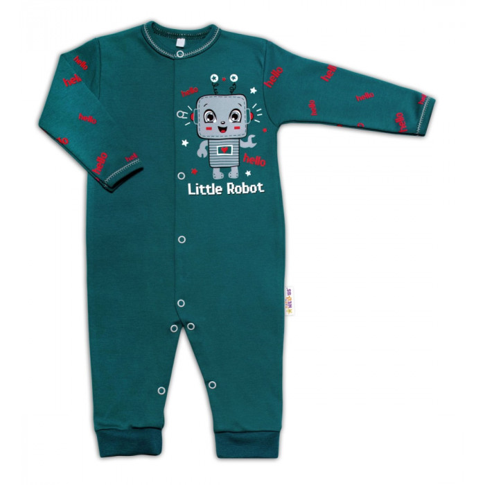 Baby Nellys Bavlnený dojčenský overal bez šľapiek Little Robot, tmavo zelený